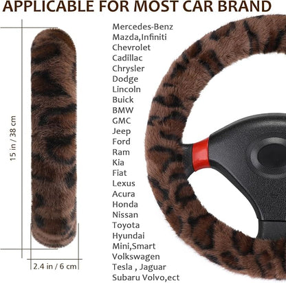 Accmor Fuzzy Car Steering Wheel Cover, Universal Fit Fur Auto Wheel Cover & Handbrake Cover & Gear Shift Cover Set, Fashion Leopard Fluffy Steering Wheel Protector Car Accessories for Men Women