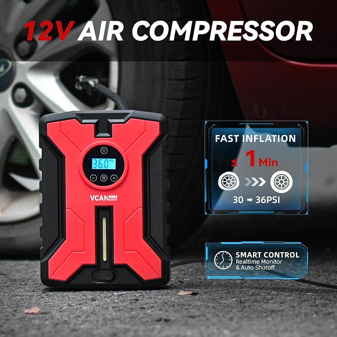Car Emergency Safety Kit Bag with Portable Air Compressor, Jumper Cables,First Aid Kit, Winter Vehicle Roadside Emergency Kit with Snow Brush and Ice Scraper, for Women, Men, Teen