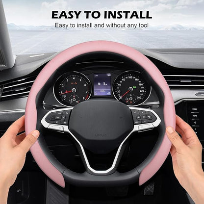 Frani Nappa Leather Steering Wheel Cover,Universal Fit 15 Inch-Premium Non-Slip Breathable Comfort Grip for Cars Trucks SUVs,Anti-Slip Durable Interior Upgrade Light Pink