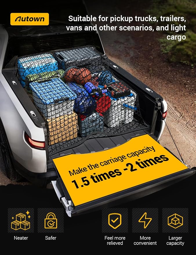 AUTOWN Cargo Net for Pickup Truck Bed - Stretchable 4'x4' to 7'x7', High Elastic Fine Mesh 1''x1'' with 8 Metal Carabiners - Ideal for ATV, SUV, UTV, Truck and Boat Use (Single Layer)