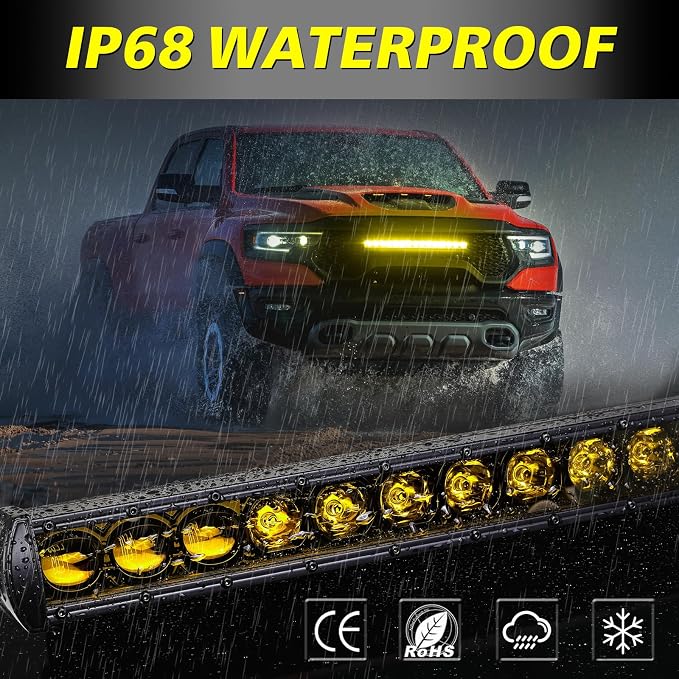 20 Inch Amber Light Bar 105W OSRAM LED Slim Single Row Light Kit w/Wiring Harness Black Cover Spot Flood Combo Off Road Driving Bumper Grill Lights for Trucks Pickup SUV UTV ATV Snowmobile