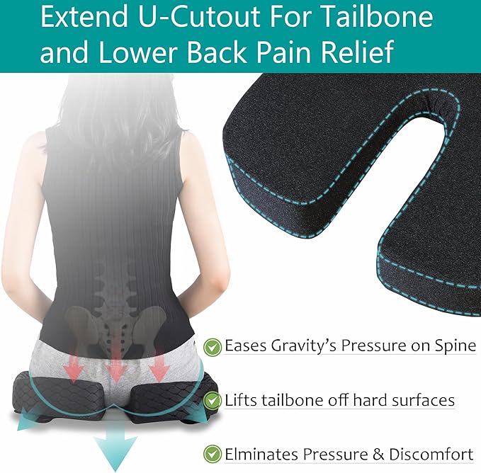 Larger Seat Cushion for Office Chair,10-Inch Extended U-Cutout,18"x16"x3",Coccyx,Sciatica Pain Relief Pillow,Memory Foam Wheelchair Car Seat Cushion,But Pillow Pad for Pressure Relief,Dark Grey
