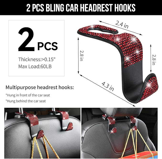 CAR PASS 23 PCS Bling Diamond Car Accessories Set for Women, Leather Car Seat Covers Full Set Sparkly Rhinestone15'' Steering Wheel Covers Shining Diamond Car Floor Mats Cute Car Interior Sets, Red