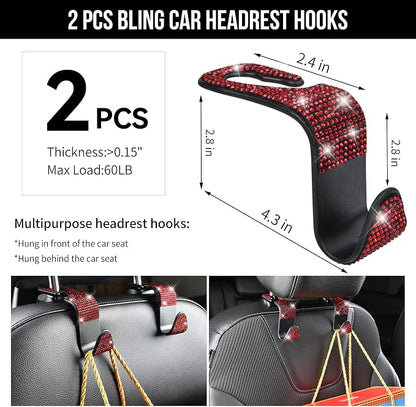 CAR PASS 23 PCS Bling Diamond Car Accessories Set for Women, Leather Car Seat Covers Full Set Sparkly Rhinestone15'' Steering Wheel Covers Shining Diamond Car Floor Mats Cute Car Interior Sets, Red