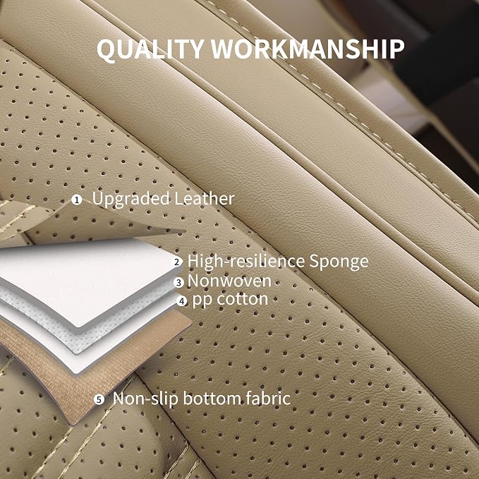 HChengkikz Nappa Leather Car Seat Covers Full Set, Beige Car seat Protector 5 Seats, Waterproof Car Seat Cushion, Universal Automotive Seat Covers Fit for SUV Truck Pick-up Sedan, Front and Rear