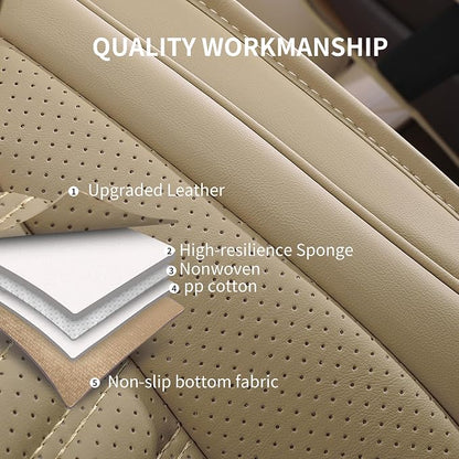 HChengkikz Nappa Leather Car Seat Covers Full Set, Beige Car seat Protector 5 Seats, Waterproof Car Seat Cushion, Universal Automotive Seat Covers Fit for SUV Truck Pick-up Sedan, Front and Rear