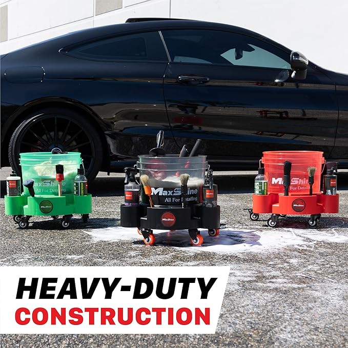 Maxshine Universal Rolling Bucket Dolly – Black Heavy-Duty Polypropylene Car Wash Bucket Cart with 5 Swivel Wheels, 5 Bottle & Brush Holders – Spill-Free Auto Detailing Storage & Garage Organization