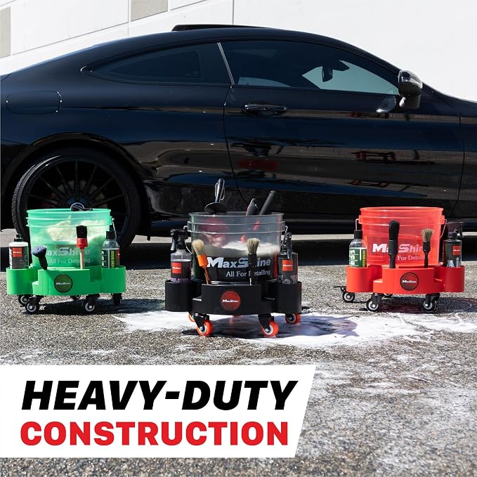 Maxshine Universal Rolling Bucket Dolly (Red) – Heavy-Duty Detailing Bucket Cart with 5 Wheels & 2 Locking Casters – Mobile Organizer for Compounds, Brushes & Car Wash Supplies