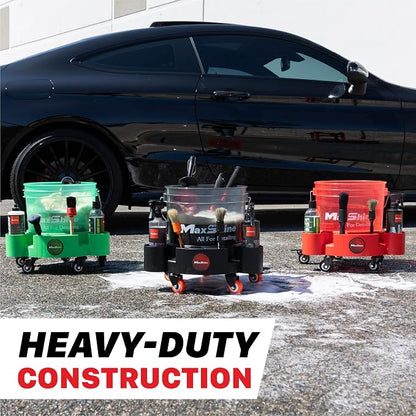 Maxshine Universal Rolling Bucket Dolly (Green) – Heavy-Duty, 5 Wheels with 2 Locks, Tool Organizer – 360° Mobility for Car Wash Supplies & Auto Detailing Organization