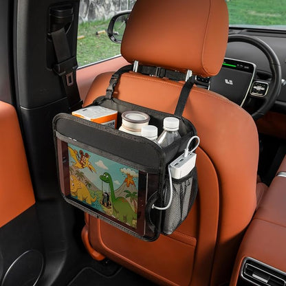 Car Organizer Bag for Back Seat Front Seat or Between Seats Premium PU Leather Hanging Storage Caddy with Tablet Holder Tissue Box Cup Bottle Holders Mesh Pockets for Kids Adults