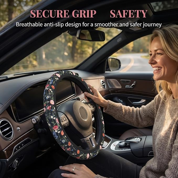 Wildflower Car Steering Wheel Cover + 2 Pieces Car Coasters 15 Inch | Multicolor Wildflower Steering Wheel Cover Anti-Slip Breathable Universal for Suitable for Men Women