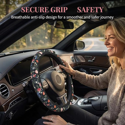 Wildflower Car Steering Wheel Cover + 2 Pieces Car Coasters 15 Inch | Multicolor Wildflower Steering Wheel Cover Anti-Slip Breathable Universal for Suitable for Men Women