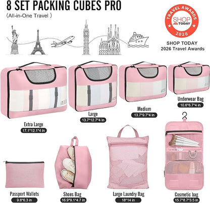 Veken 8 Set Packing Cubes for Travel Essentials,Anti-Wrinkle Buckled Suitcase Organizer for Shoe & Toiletry Bag,Carry On Luggage Bag with 99+ Count Mesh Holes for Airplane & College Dorm Accessories