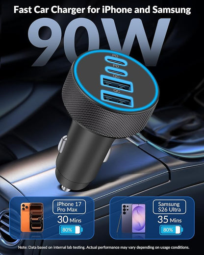 iPhone 17 16 15 Car Charger Fast Charging, 90W 4-Port USB C Fast Car Charger Cigarette Lighter Adapter with 240W 3FT USB-C Cable for iPhone 17/Air/17 Pro/17e/16/15 Pro Max/Plus/16e, iPad, Android