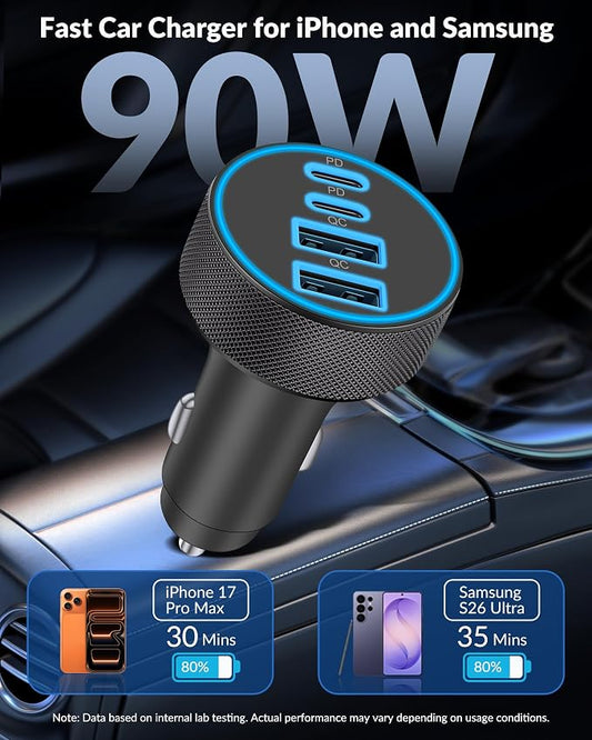 iPhone 17 16 15 Car Charger Fast Charging, 90W 4-Port USB C Fast Car Charger Cigarette Lighter Adapter with 240W 3FT USB-C Cable for iPhone 17/Air/17 Pro/17e/16/15 Pro Max/Plus/16e, iPad, Android