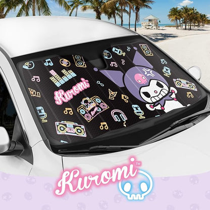 Carbella Kuromi Car Windshield Sun Shade, Official Sanrio Accordion Style Sunshade for Car Window, Cute Kawaii Car Sun Shade Windshield, Kuromi Car Accessories for Women (Neon Party)
