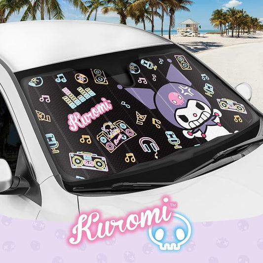 Carbella Kuromi Car Windshield Sun Shade, Official Sanrio Accordion Style Sunshade for Car Window, Cute Kawaii Car Sun Shade Windshield, Kuromi Car Accessories for Women (Neon Party)