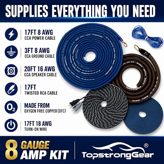 TOPSTRONGGEAR 8 Gauge Amp Kit CCA Car Audio Amplifier Wiring Kit with RCA Cables, 60A Fuse, 20ft Power Cable – 8 AWG Complete Amplifier Subwoofer Installation Kit for Car, Truck, Marine Stereo Systems