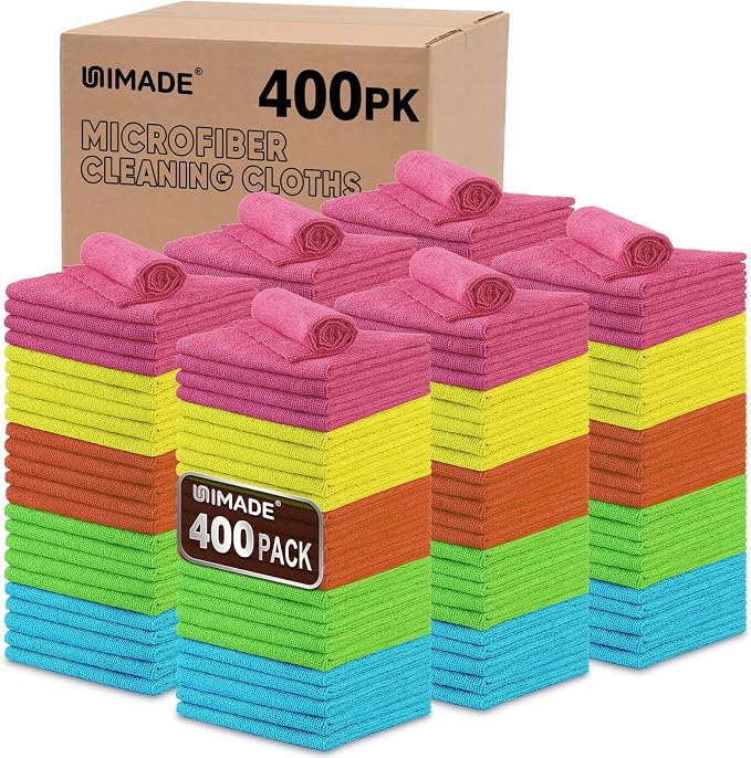 UNIMADE Microfiber Cleaning Cloth,400PK Commercial Grade Work Rags Microfiber Towels for Cars Cleaning Rags Bulk Detailing Cloth for Automotive Bar Mechanic Restaurant Garage, 11.5"x11.5", Multicolor