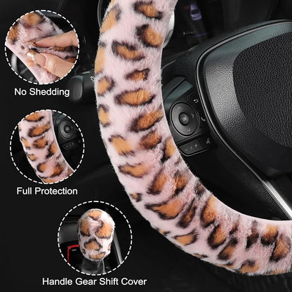 SEG Direct Furry Car Steering Wheel Cover with Gear Shift Cover, Soft and Warm, Cute Fluffy Auto Decor for Women Men, Standard Size, 2 PCS Set, Pink Leopard