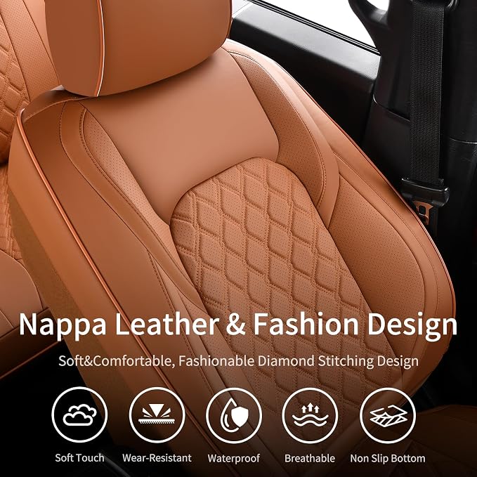 Huidasource F150 Truck Seat Covers Fit for 2015-2025 Ford F150 & 2017-2025 F250 F350 F450 Crew Cab XL XLT Lariat King Ranch Platinum, Full Coverage Leather Automotive Seat Cover(Full Set/Brown)