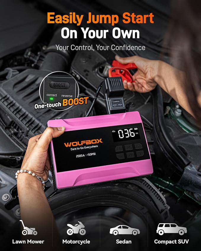 WOLFBOX 2000A Jump Starter with Air Compressor, 37Wh Car Battery Booster Jumper Starter Portable(up to 5L Gas Engine), 12V Jump Box Pack with 150PSI Tire Inflator, Jumper Cables, LED Light — Hot Pink