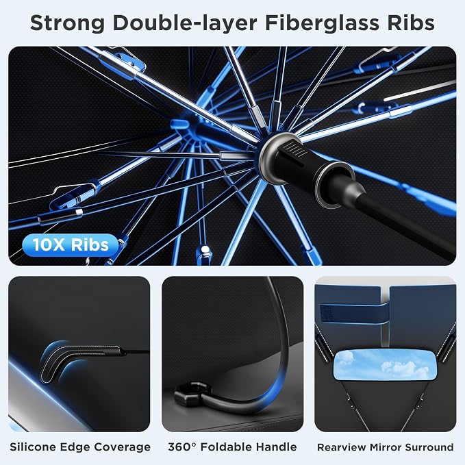 2026 Upgraded Windshield Sun Shade Umbrella [7-Layer Vinyl Coating Heat Shield] Foldable Front Window Sunshade Umbrella Flexible Handle Protect Interior from UV Keep Car Cooler (61" x 34.5")