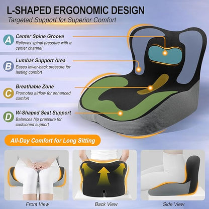 Allaboutsla Memory Foam Car Seat Cushion with Lumbar Support, L-Shaped Ergonomic Design for Long Driving, Pressure-Relief Comfort for Car, SUV, Semi Truck & Office Chair