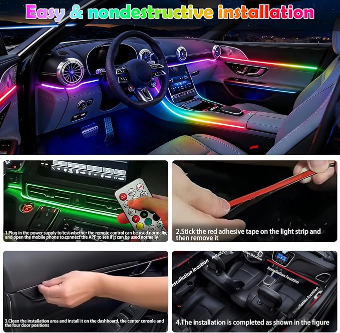 RGB-IC 6 in 1 Car Led Strip Lights, Interior Car Lights, App and Remote Control Ambient Lighting Kit with 16 Million Colors Fiber Optics&Music Sync Rhythm, USB Neon Light Accessories for Console&Door