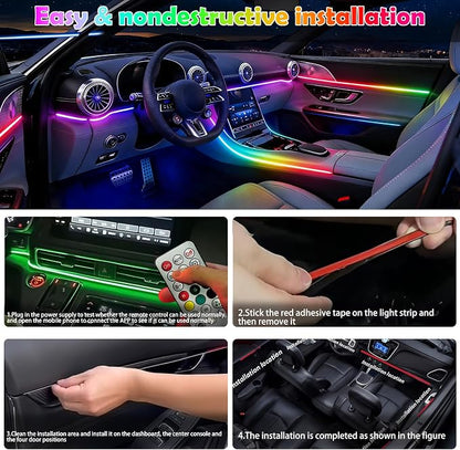 RGB-IC Car Led Strip Lights, Interior Car Lights, App and Remote Control Ambient Lighting Kit with 16 Million Colors Fiber Optics&Music Sync Rhythm, USB Neon Light Accessories for Center Console&Door