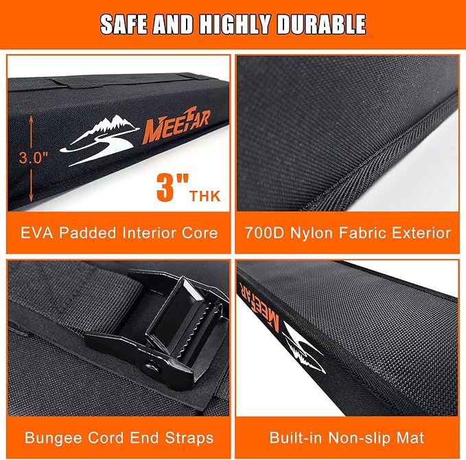 MeeFar Universal Car Soft Roof Rack Pads Luggage Carrier System for Kayak Surfboard SUP Canoe Include 2 Heavy Duty Tie Down Straps, 2 Tie Down Rope, 2 Quick Loop Strap and Storage Bag