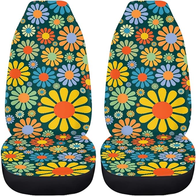 Colorful Hippie Flower Car Seat Covers Full Set,Abstract Tropical Floral Pattern Cute Vehicle Front Rear Bench Cushion Protectors Auto Interior Accessories Universal Fit for Trucks Sedans