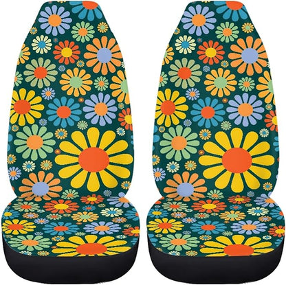 Colorful Hippie Flower Car Seat Covers Full Set,Abstract Tropical Floral Pattern Cute Vehicle Front Rear Bench Cushion Protectors Auto Interior Accessories Universal Fit for Trucks Sedans
