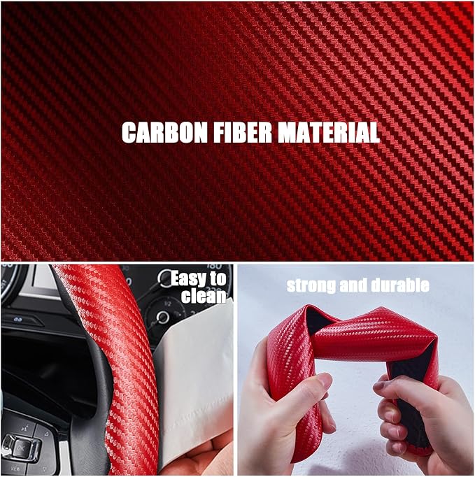 3 Piece Carbon Fiber Steering Wheel Cover,Car Steering Wheel Protector with Non-Slip Lining,Breathable Microfiber Universal for 14.5-15 inch,Red