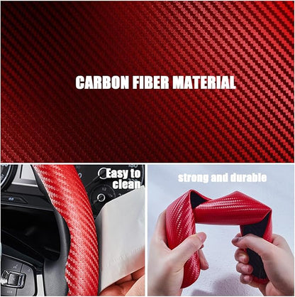 3 Piece Carbon Fiber Steering Wheel Cover,Car Steering Wheel Protector with Non-Slip Lining,Breathable Microfiber Universal for 14.5-15 inch,Red