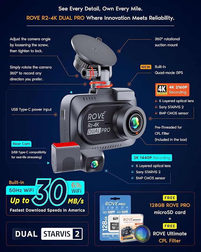 ROVE R2-4K Dual PRO Dash Cam Front and Rear, 4K+2K Dash Camera for Cars, Dual STARVIS 2 IMX678 + IMX675 Sensors, Free 128GB Card + CPL, WiFi 6 - up to 30MB/s Download Speed, 3" IPS, 24Hr Parking Mode
