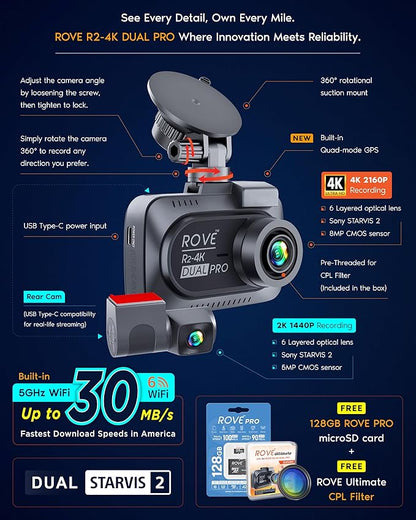ROVE R2-4K Dual PRO Dash Cam Front and Rear, 4K+2K Dash Camera for Cars, Dual STARVIS 2 IMX678 + IMX675 Sensors, Free 128GB Card + CPL, WiFi 6 - up to 30MB/s Download Speed, 3" IPS, 24Hr Parking Mode