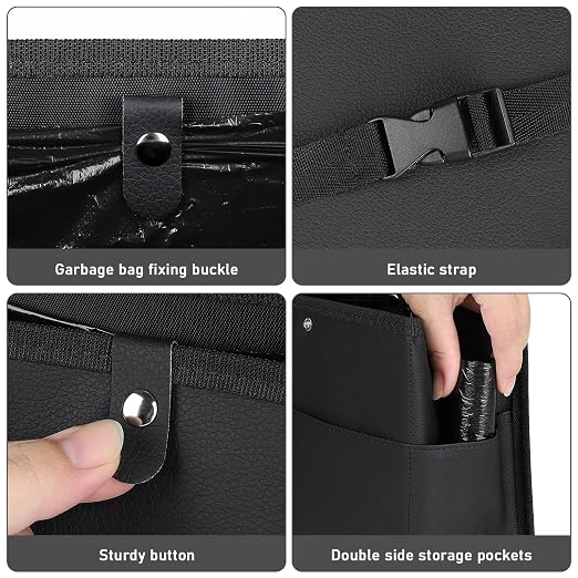 Accmor Car Trash Can with Pocket, Small Vehicle Dustbin Automotive Garbage Organizer Bin with 60 Pcs Trash Bags, Hanging Cars Storage Container for SUV Vans (Black)
