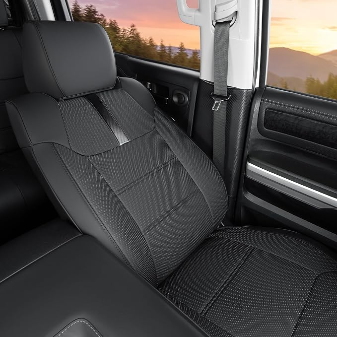 Super Cover Front Seat Covers for Toyota Tundra 2014–2021 (Bucket Seats Only), Full Coverage Front Leather Seat Protectors for Tundra Crewmax/Double Cab Pickup Accessories, Carbon Fiber, 2 PCS