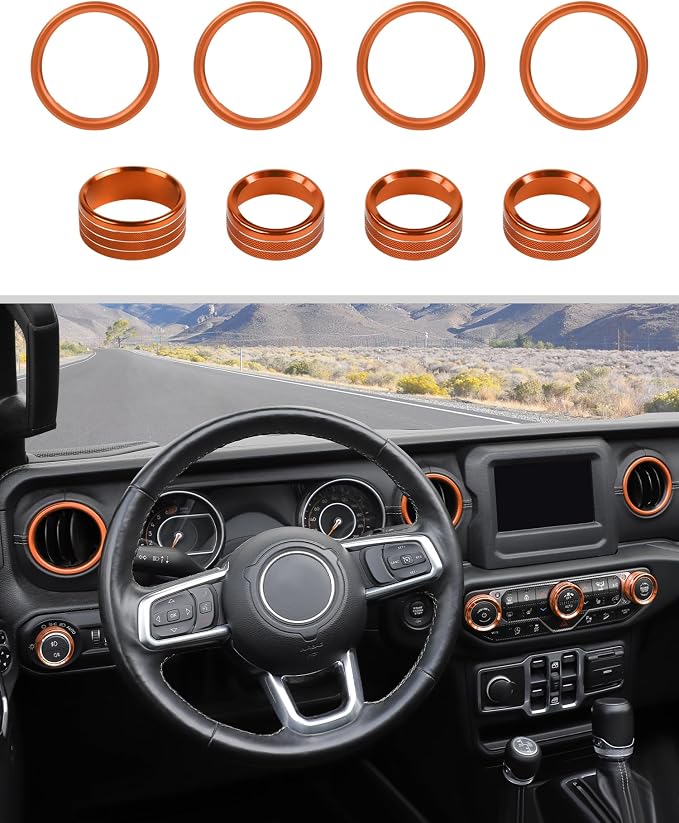 JWWY JL AC Air Vent Trim Rings & Dashboard Headlight Switch Decor Switch Knob Cover Kit Fit for 2018-2023 Jeep Wrangler JL JLU Interior Accessories, Aluminum Alloy 8PCS Orange