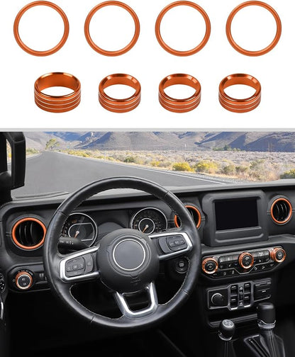 JWWY JL AC Air Vent Trim Rings & Dashboard Headlight Switch Decor Switch Knob Cover Kit Fit for 2018-2023 Jeep Wrangler JL JLU Interior Accessories, Aluminum Alloy 8PCS Orange