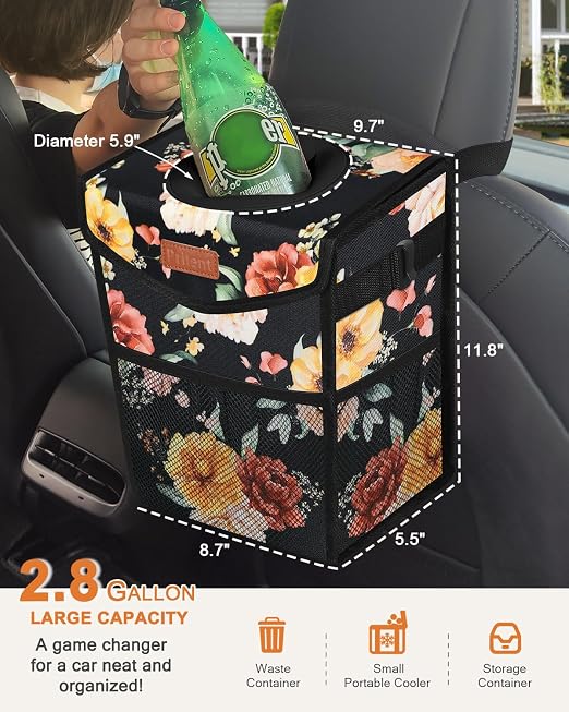 Pritent Car Trash Can with Lid, Cute Leakproof Car Trash Garbage Bag Hanging Vehicle Trash Bin Small Portable Automotive Garbage Cans Organizer for Back/Front Seat/Console(2.8 Gallons,Rose)