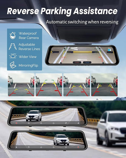 4K Rear View Mirror Camera with Carplay&Android Auto,12" Mirror Dash Cam Front and Rear with Voice Control for Cars&Trucks,Smart Touch Screen,64GB Card Included/Loop Record/Reverse Assist