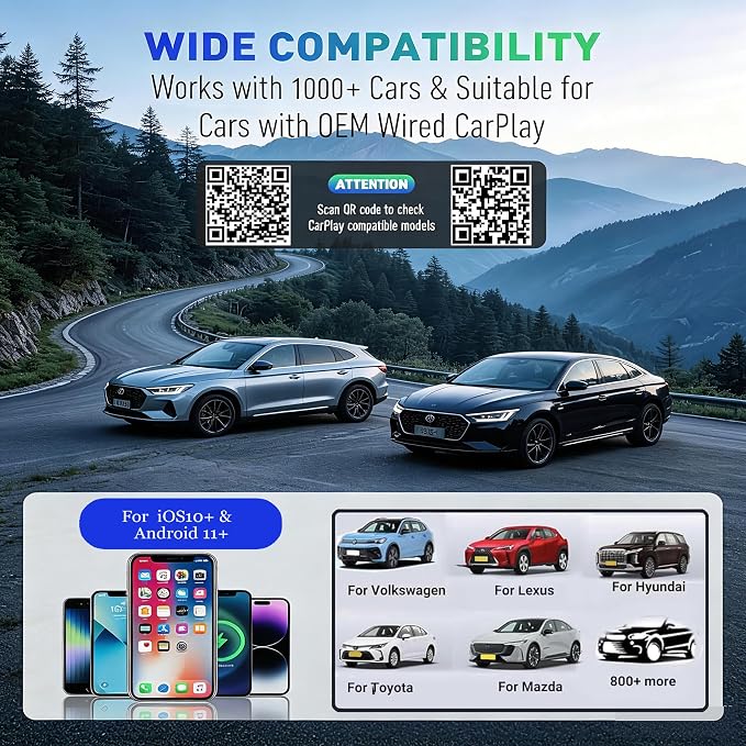Wireless CarPlay Adapter, Low Latency Dongle for iPhone 15/14/13, Plug & Play, One-Click Switch,5s Auto Reconnect, Seamlessly Switches Between Two Phones Stable Connection, Compatible with 2018+ Cars