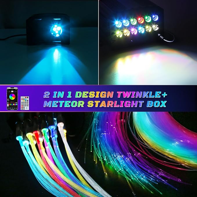 Car Starlight Headliner Kit, 16W Twinkle & Meteor Star Ceiling Lights, 2 in 1 Fiber Optic Light Engine 500pcs*0.02in*9.8ft+240 RGBW Shooting Stars Lights for Car Home Roof Décor