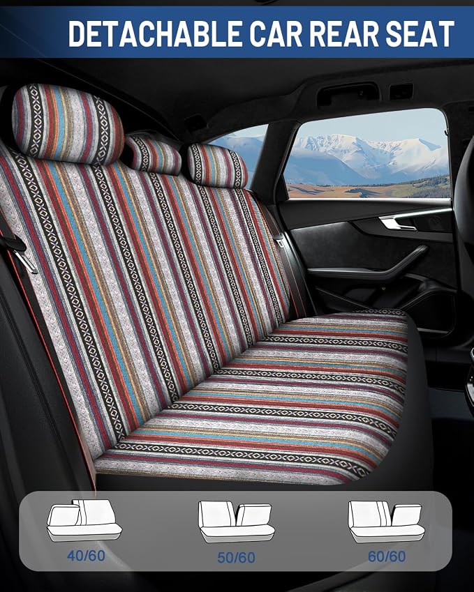 Baja Saddle Blanket Car Seat Covers Full Set with Seat Belt Pads and Steering Wheel Cover, Washable Breathable Striped Woven Cloth Seat Covers for Cars, SUV, Truck, Large Size(Red)