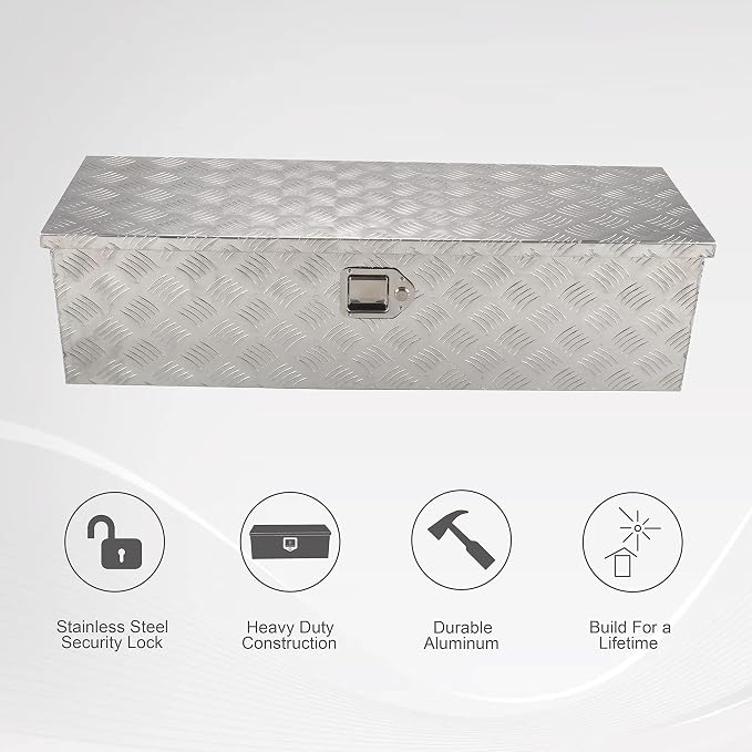 39 Inch Heavy Duty Aluminum Truck Bed Tool Box Underbody Flatbox Truck Car Outdoor Trailer Pickup,RV Storage OrganizerTrailer Storage ToolBox W/Lock & Keys,5 Bar Tread,Silver(39"X13"X10")