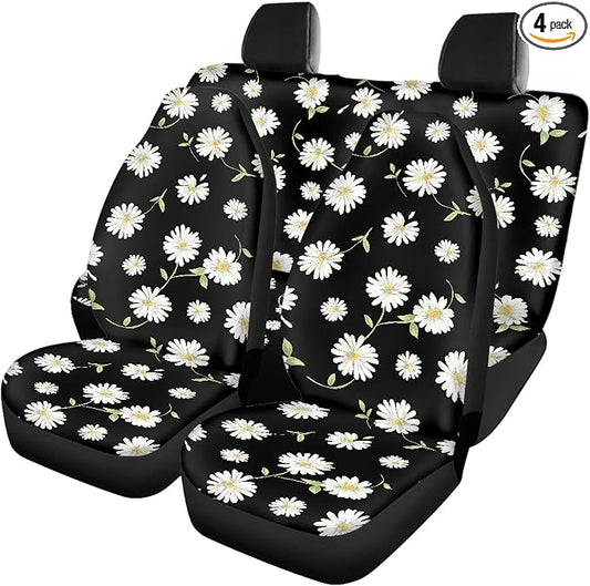 Daisy Car Seat Covers Full Set,Cute Daisy Flowers Black Design Floral Print Vehicle Front Rear Bench Cushion Protectors for Women Men Auto Interior Accessories Universal Fit for Trucks Sedans