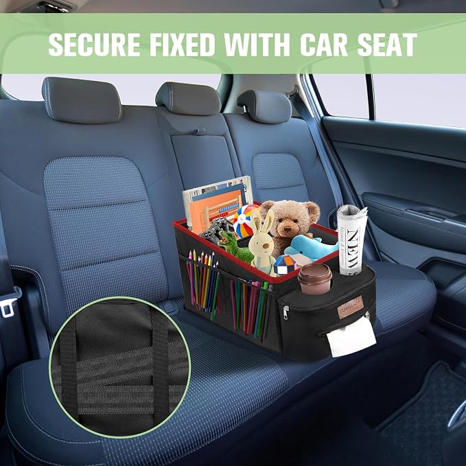 FUNNy elf Car Seat Organizer - Passenger Seat Organizer, Collapsible Car Storage with Partitions & 4 Cup Holders for Front Seat or Back Seat (Red)