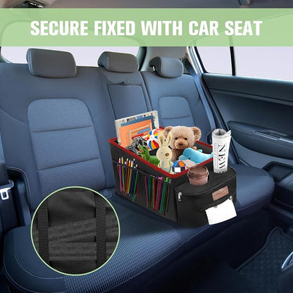 FUNNy elf Car Seat Organizer - Passenger Seat Organizer, Collapsible Car Storage with Partitions & 4 Cup Holders for Front Seat or Back Seat (Red)